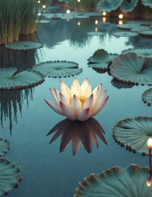 The primary subject of the image is a white flower floating on top of a body of water, surrounded by lily pads. The setting is a serene, natural environment with the water reflecting the flower's beauty. The visual style is a combination of photo and digital art, creating a realistic yet artistic representation of the scene. The colors and mood are predominantly calm and peaceful, with the white flower serving as the focal point of the image.